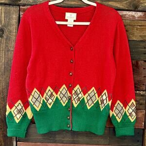 Vintage 1990s Silk SUSAN BRISTOL Cozy New Preppy Argyle Holiday SWEATER Cardigan